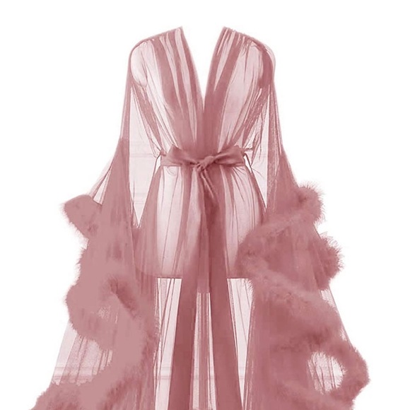 Luxury Long Powered Rose Tulle, Satin, & Feather Robe. - Picture 1 of 5